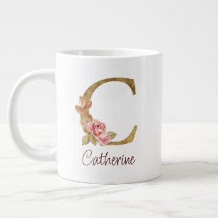 Custom Name Gold Foil Blush Pink Roses Letter C Giant Coffee Mug
