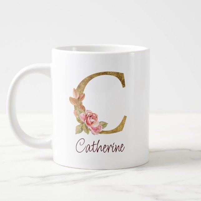 Custom Name Gold Foil Blush Pink Roses Letter C Giant Coffee Mug (Left)