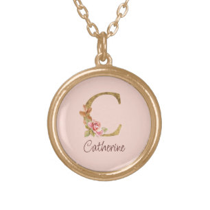 Custom Name Gold Foil Blush Pink Roses Letter C Gold Plated Necklace