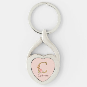 Custom Name Gold Foil Blush Pink Roses Letter C Keychain