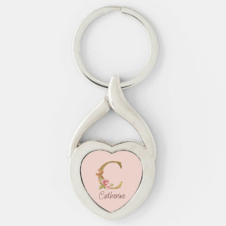Custom Name Gold Foil Blush Pink Roses Letter C Keychain