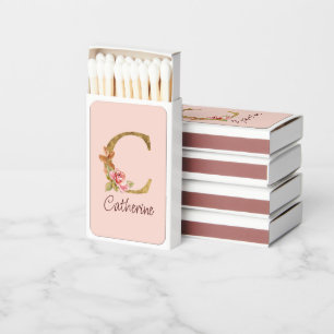 Custom Name Gold Foil Blush Pink Roses Letter C Matchboxes