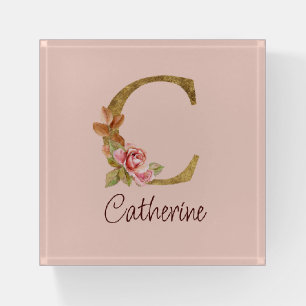 Custom Name Gold Foil Blush Pink Roses Letter C Paperweight