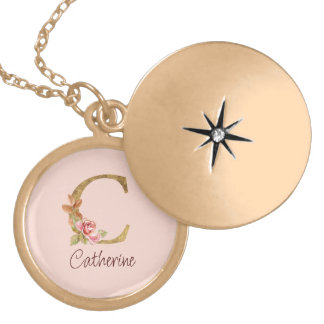 Custom Name Gold Foil Blush Pink Roses Letter C Plated Necklace