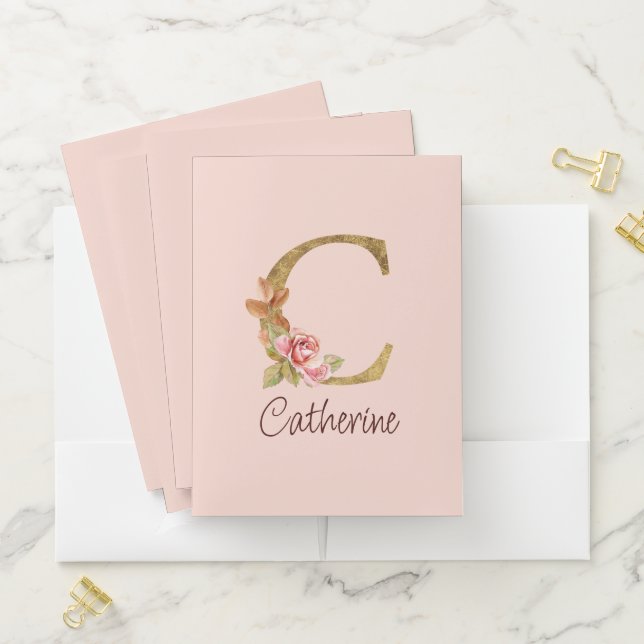 Custom Name Gold Foil Blush Pink Roses Letter C Pocket Folder (In Situ)