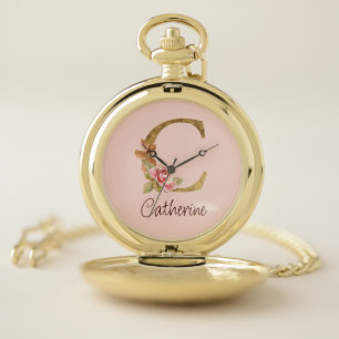 Custom Name Gold Foil Blush Pink Roses Letter C Pocket Watch