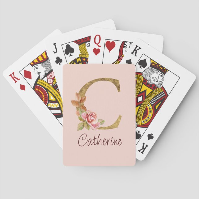 Custom Name Gold Foil Blush Pink Roses Letter C Poker Cards (Back)