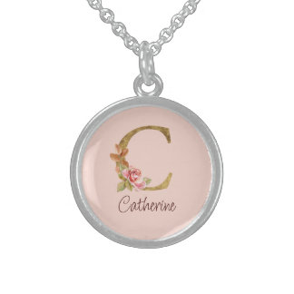 Custom Name Gold Foil Blush Pink Roses Letter C Sterling Silver Necklace