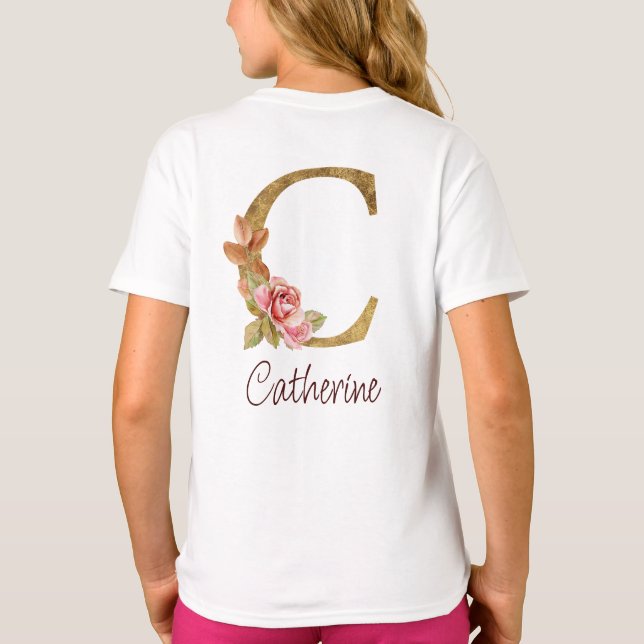 Custom Name Gold Foil Blush Pink Roses Letter C T-Shirt (Back)
