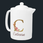Custom Name Gold Foil Blush Pink Roses Letter C Teapot<br><div class="desc">Custom Name Gold Foil Blush Pink Roses Letter C design highlights a graceful floral monogram with soft golden accents—perfect for chic personalization, romantic aesthetics, and meaningful name customization. Click 'Personalize' to add your name or a loved one’s.</div>