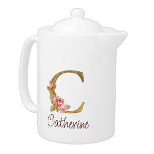 Custom Name Gold Foil Blush Pink Roses Letter C Teapot