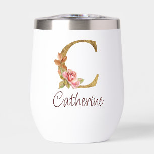 Custom Name Gold Foil Blush Pink Roses Letter C Thermal Wine Tumbler
