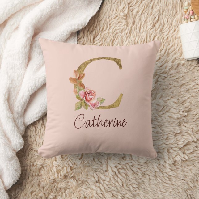 Custom Name Gold Foil Blush Pink Roses Letter C Throw Pillow (Blanket)