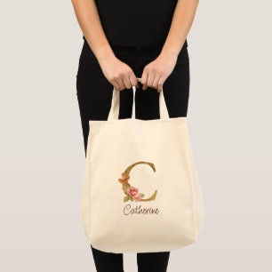 Custom Name Gold Foil Blush Pink Roses Letter C Tote Bag