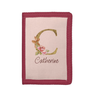 Custom Name Gold Foil Blush Pink Roses Letter C Trifold Wallet