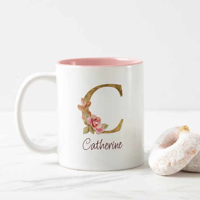 Custom Name Gold Foil Blush Pink Roses Letter C Two-Tone Coffee Mug (With Donut)