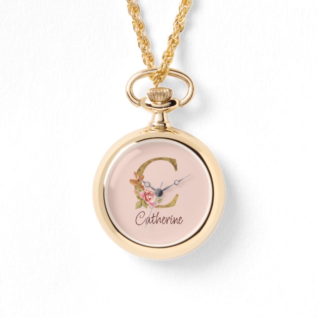 Custom Name Gold Foil Blush Pink Roses Letter C Watch (Front)