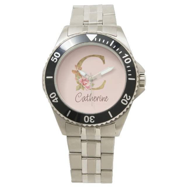 Custom Name Gold Foil Blush Pink Roses Letter C Watch (Front)