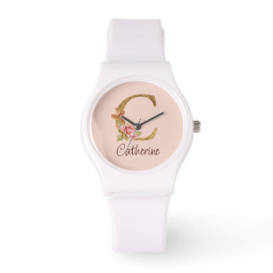 Custom Name Gold Foil Blush Pink Roses Letter C Watch