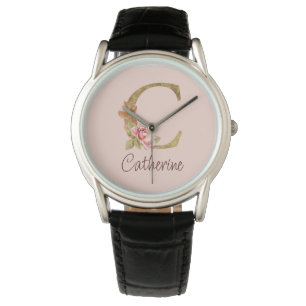Custom Name Gold Foil Blush Pink Roses Letter C Watch