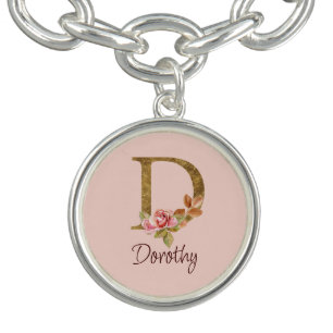 Custom Name Gold Foil Blush Pink Roses Letter D Bracelet