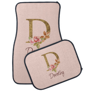 Custom Name Gold Foil Blush Pink Roses Letter D Car Floor Mat
