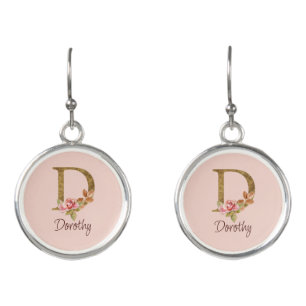 Custom Name Gold Foil Blush Pink Roses Letter D Earrings