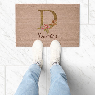 Custom Name Gold Foil Blush Pink Roses Letter D Fiber Doormat