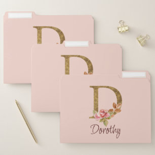 Custom Name Gold Foil Blush Pink Roses Letter D File Folder
