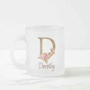 Custom Name Gold Foil Blush Pink Roses Letter D Frosted Glass Coffee Mug
