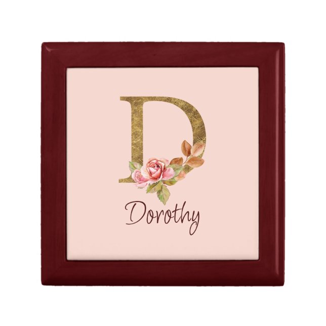 Custom Name Gold Foil Blush Pink Roses Letter D Gift Box (Front)