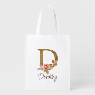 Custom Name Gold Foil Blush Pink Roses Letter D Grocery Bag