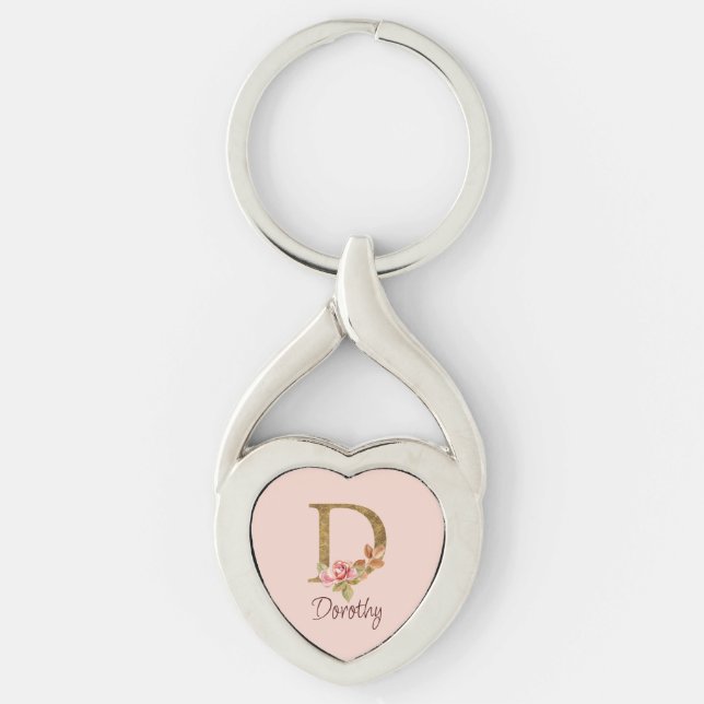 Custom Name Gold Foil Blush Pink Roses Letter D Keychain (Front)