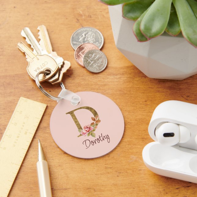 Custom Name Gold Foil Blush Pink Roses Letter D Keychain (Desk)