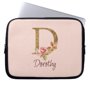 Custom Name Gold Foil Blush Pink Roses Letter D Laptop Sleeve