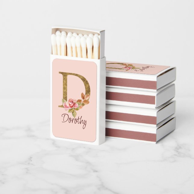 Custom Name Gold Foil Blush Pink Roses Letter D Matchboxes (Stacked)