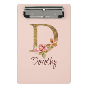 Custom Name Gold Foil Blush Pink Roses Letter D Mini Clipboard