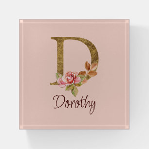 Custom Name Gold Foil Blush Pink Roses Letter D Paperweight