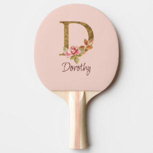 Custom Name Gold Foil Blush Pink Roses Letter D Ping Pong Paddle