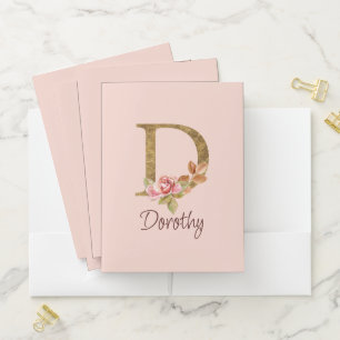 Custom Name Gold Foil Blush Pink Roses Letter D Pocket Folder