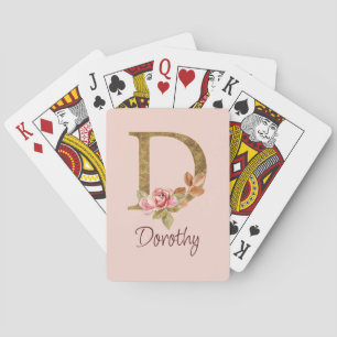 Custom Name Gold Foil Blush Pink Roses Letter D Poker Cards