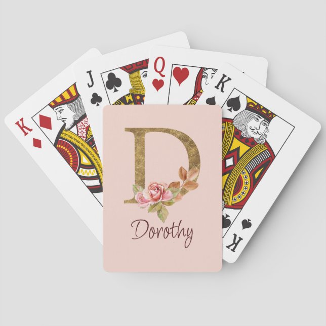 Custom Name Gold Foil Blush Pink Roses Letter D Poker Cards (Back)