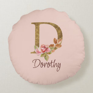 Custom Name Gold Foil Blush Pink Roses Letter D Round Pillow