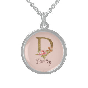 Custom Name Gold Foil Blush Pink Roses Letter D Sterling Silver Necklace