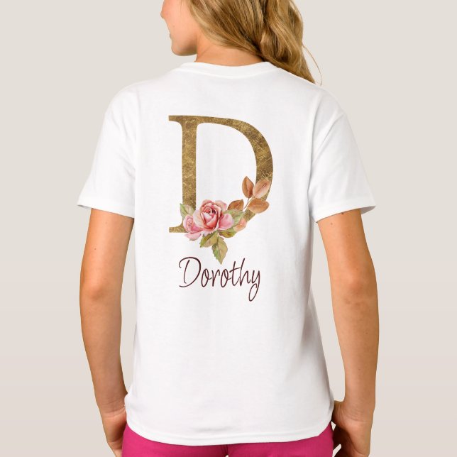 Custom Name Gold Foil Blush Pink Roses Letter D T-Shirt (Back)
