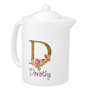 Custom Name Gold Foil Blush Pink Roses Letter D Teapot