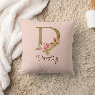 Custom Name Gold Foil Blush Pink Roses Letter D Throw Pillow