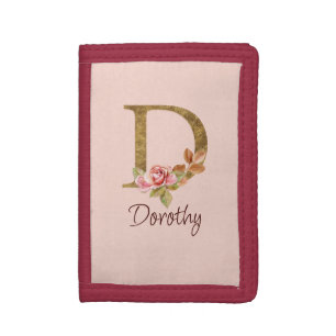 Custom Name Gold Foil Blush Pink Roses Letter D Trifold Wallet