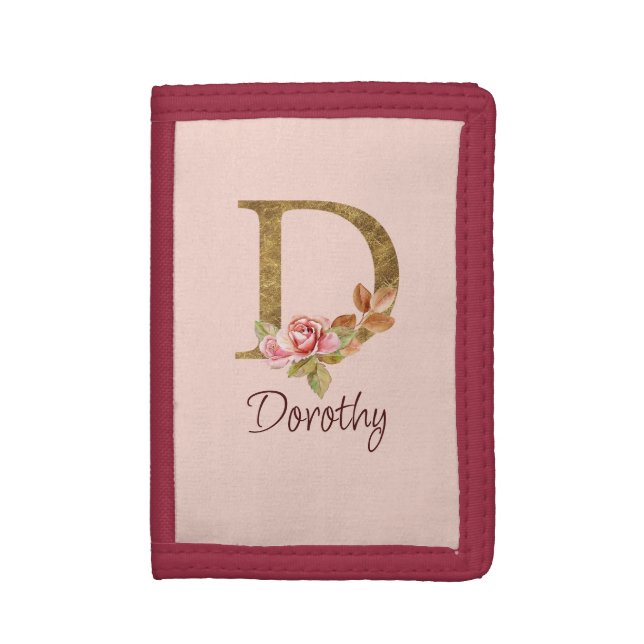 Custom Name Gold Foil Blush Pink Roses Letter D Trifold Wallet (Front Vertical)