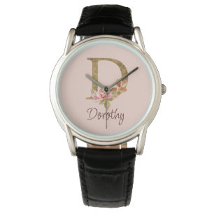 Custom Name Gold Foil Blush Pink Roses Letter D Watch